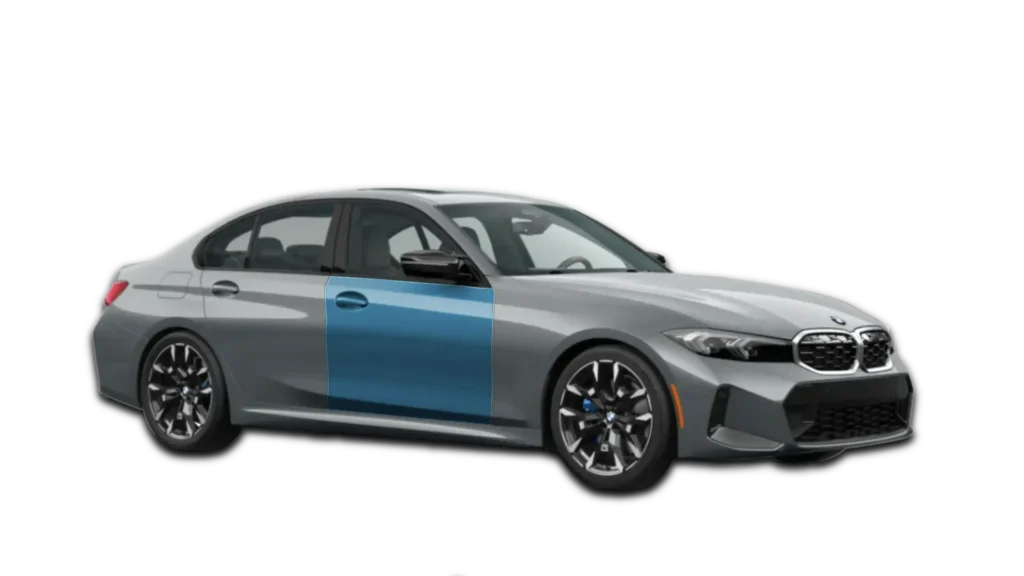 Graphical representation of 2-Door PPF coverage on a BMW M340i. Both doors are highlighted in blue to show clear film application; actual film is optically clear.