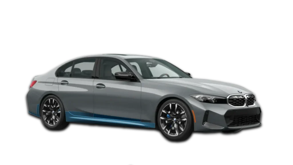 Technical diagram showing Rocker Panel PPF on a BMW M340i. Blue zones represent clear film coverage for lower body panels.