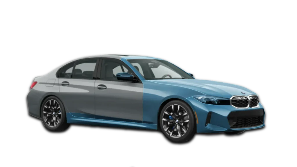 Graphical map of the Track Pack PPF for a BMW M340i. Blue highlights show high-impact areas covered by clear paint protection film.