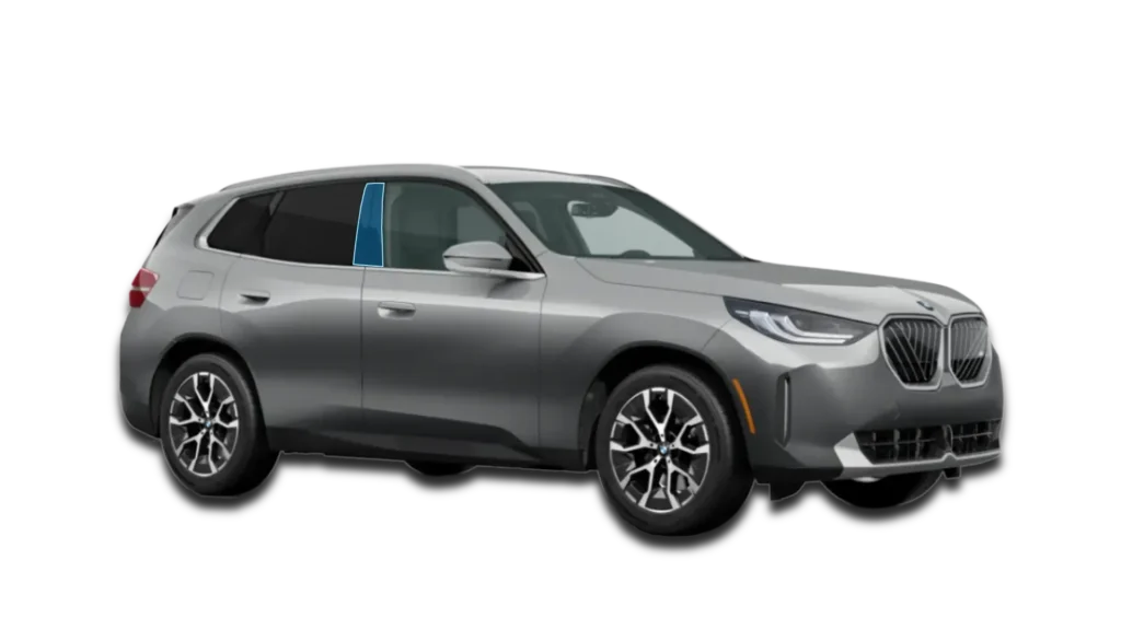 Diagram of B-Pillar protection for a 2026 BMW X3. Vertical blue zones show clear film application on piano black trim.