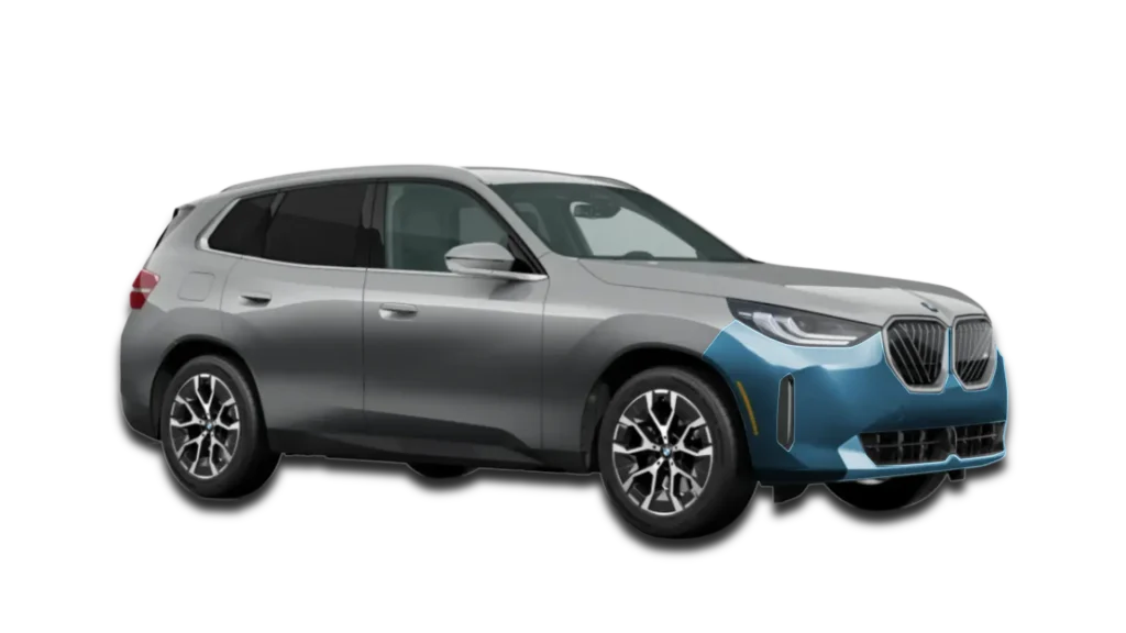 Bumper Only PPF coverage map for a 2026 BMW X3. The front bumper is highlighted in blue to show clear film application areas.