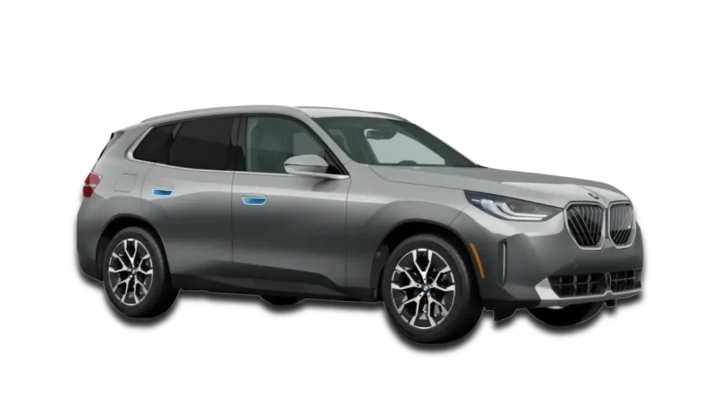 Graphical representation of Door Cup PPF on a BMW X3. Blue circles indicate clear film protection behind the door handles.